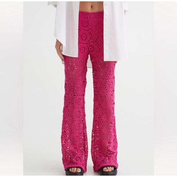 H&M straight leg crocheted hot pink pants size L - Picture 2 of 16